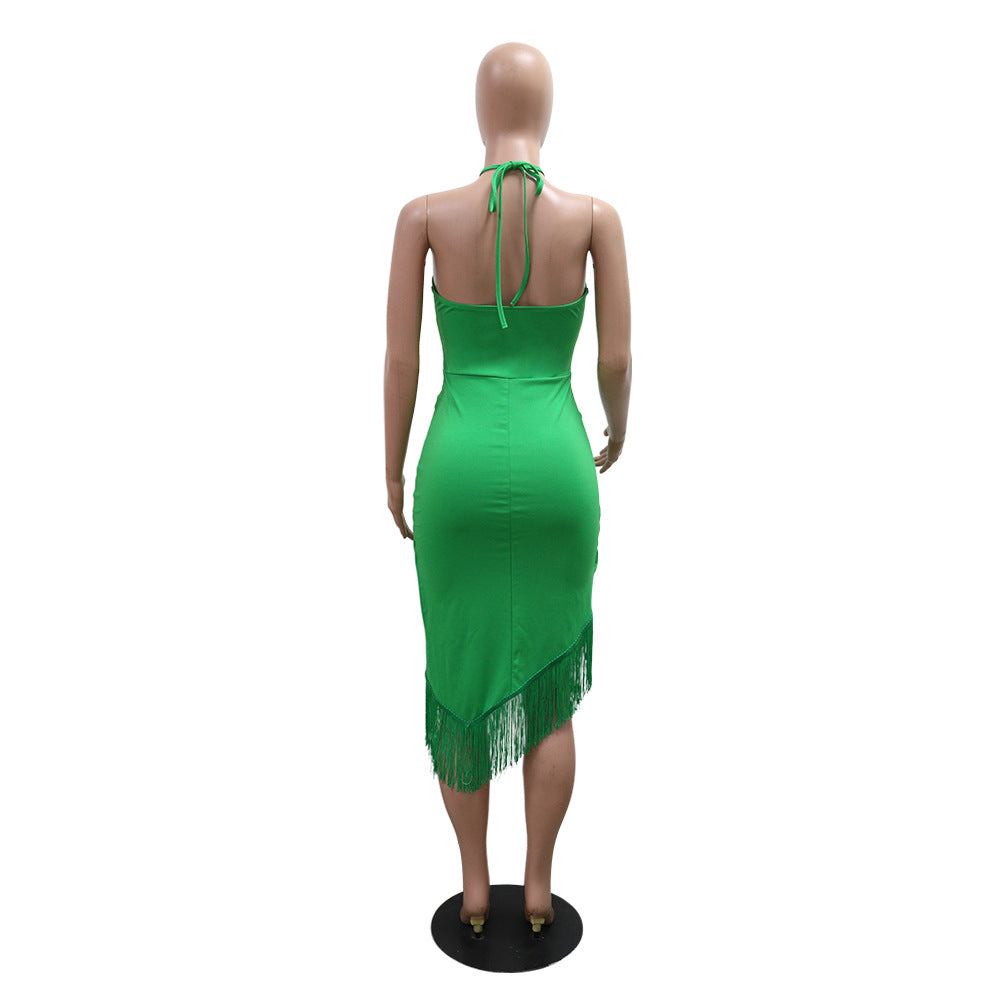 Women's Summer Sleeveless Halter neck Tassel Long Irregular Dress 8