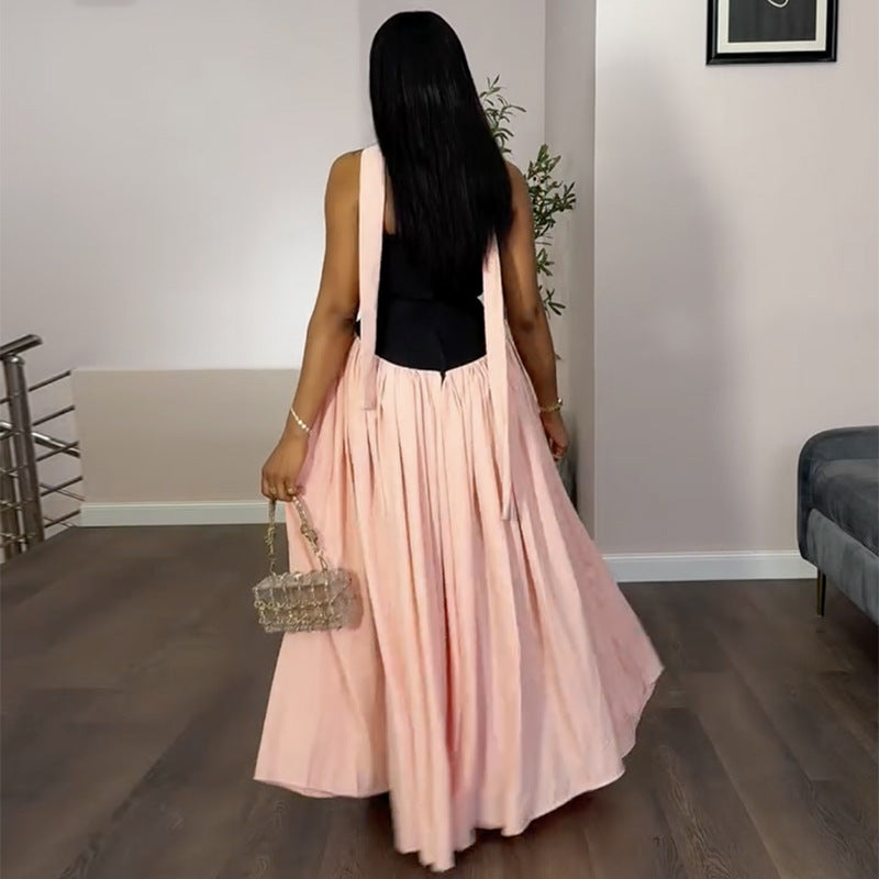 Women Summer Strapless Color Block Pleated Dress 4