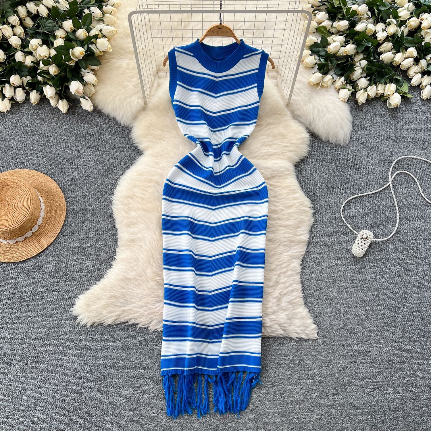 Summer Slim Round Neck Sleeveless Color Matching Striped Knitting Bodycon Tassel Dress 7