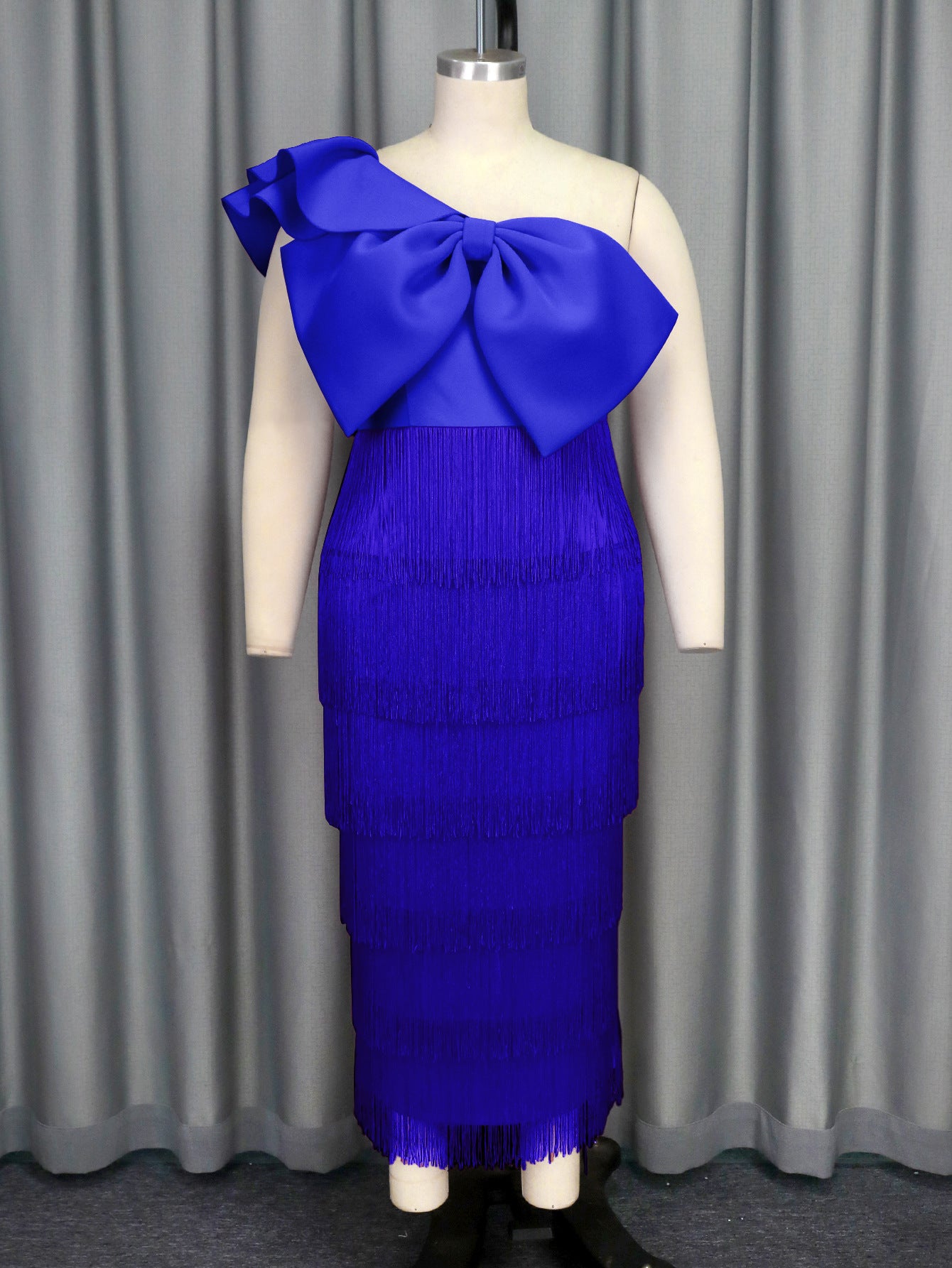 Elegant Solid Color Slash Shoulder Big Bow Fringe Formal Party Dress 5