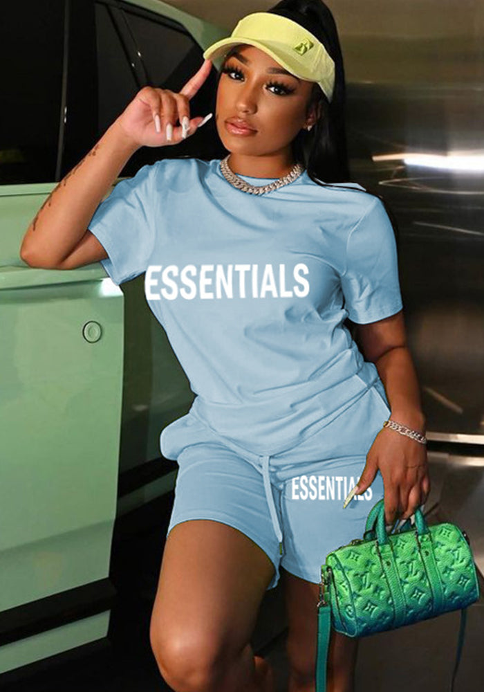 Women's Fashion Casual Letter Print Pocket Lace Up Loose T-Shirt Shorts Sports Two-Piece Set