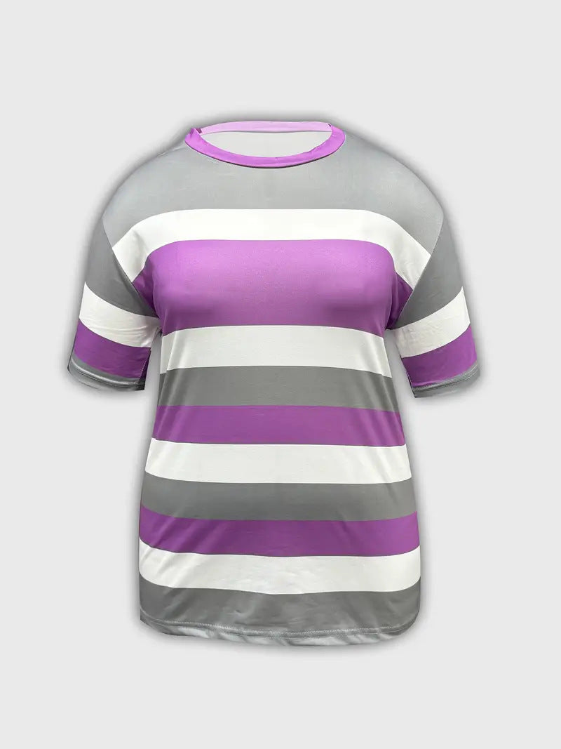 Women's Striped Print Short-Sleeve Sporty Two-Piece Shorts Set 25