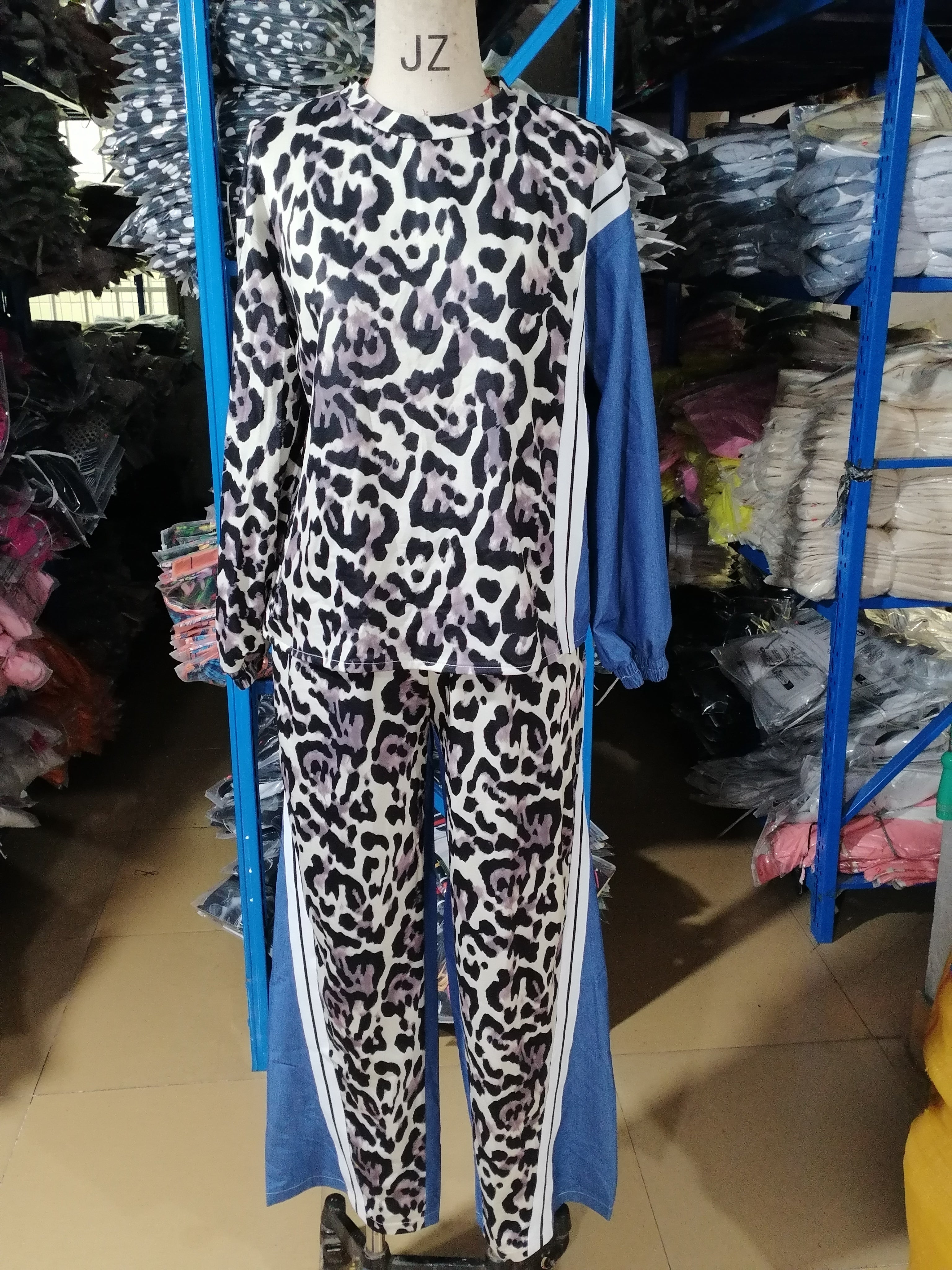 Women Spring and Autumn Leopard Print Striped Colorblock Top and Pants Two-Piece Set 8