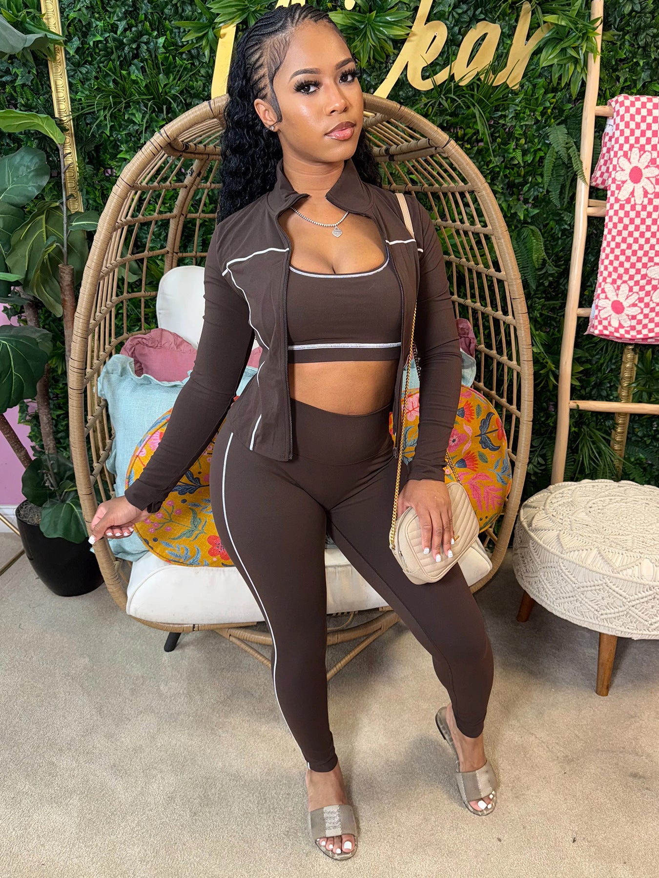 Women Zippered Thumb-Sleeve Long-Sleeved Top and Pants Three-Piece Set 5