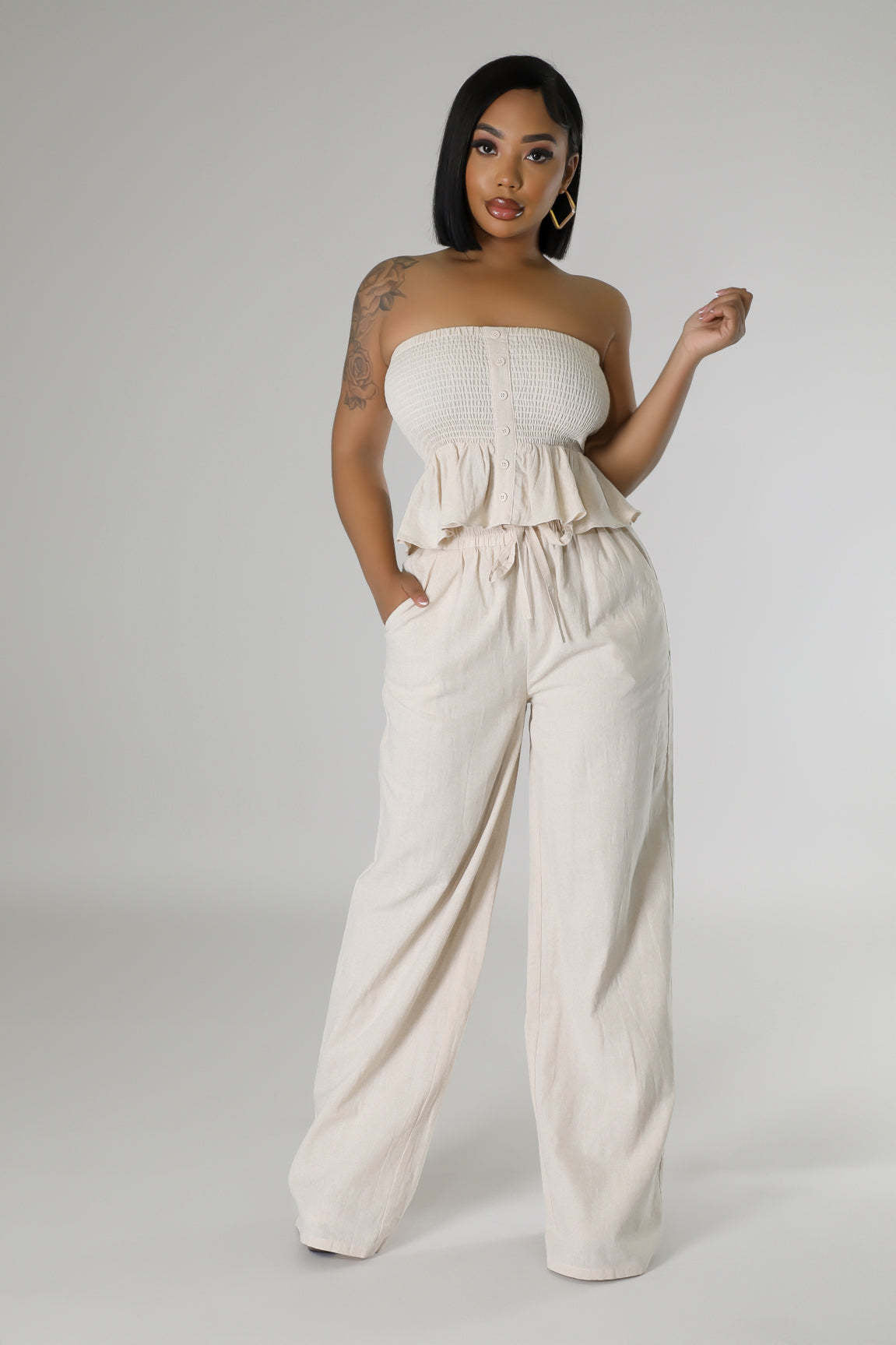 Sexy solid color strapless two piece pants set