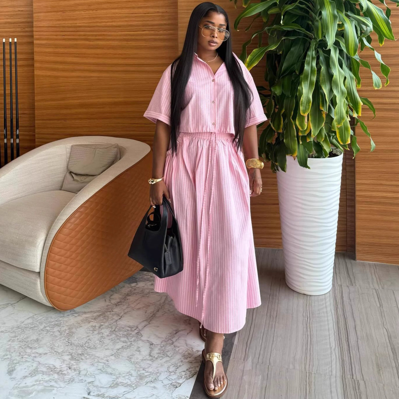 African Women turndown collar striped short-sleeved shirt and lace-up skirt two-piece set 4