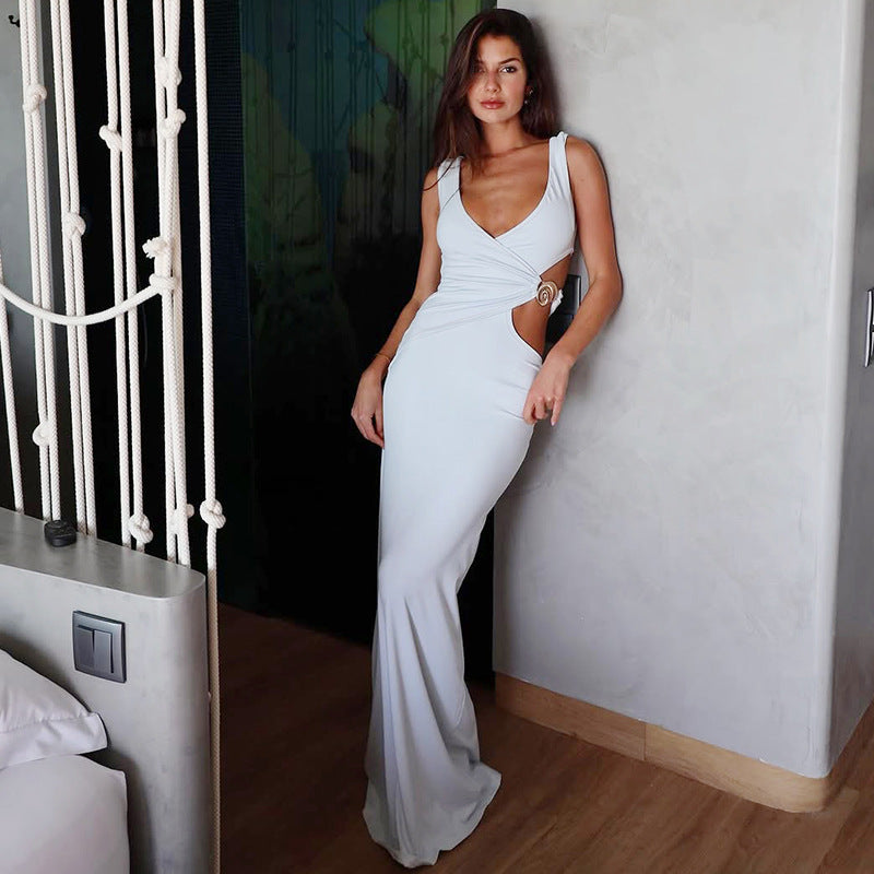 Sexy Solid V-Neck Long Dress with Sheer Cutouts Bodycon Dress 4