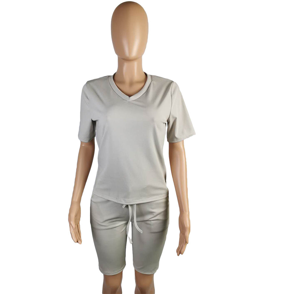 Women Clothing Solid V-Neck Tshirt+Pocket Shorts Two-Piece Set 30