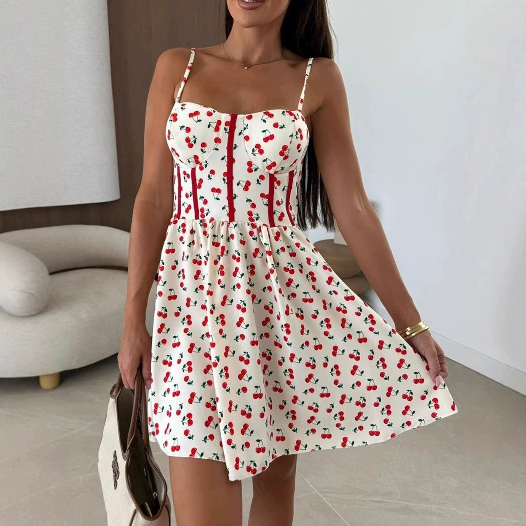 Sexy Strap Low Back Print Casual Women's Dress