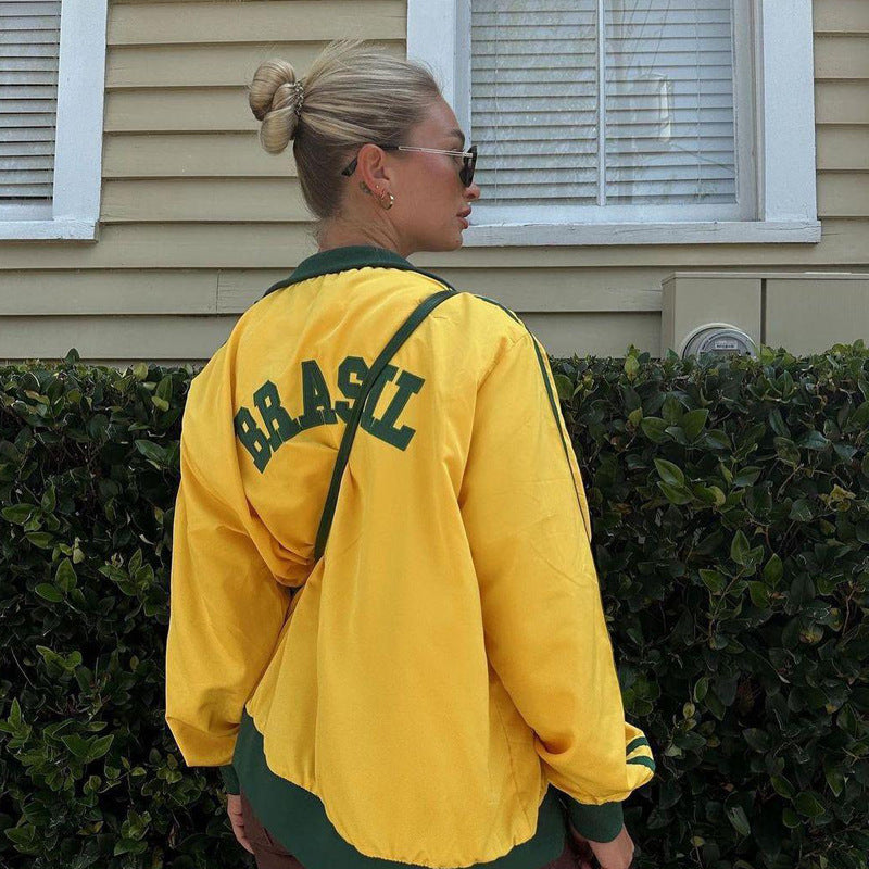 Autumn Women Long Sleeve Round Neck Casual Letter Contrast Printed Sports Jacket 5