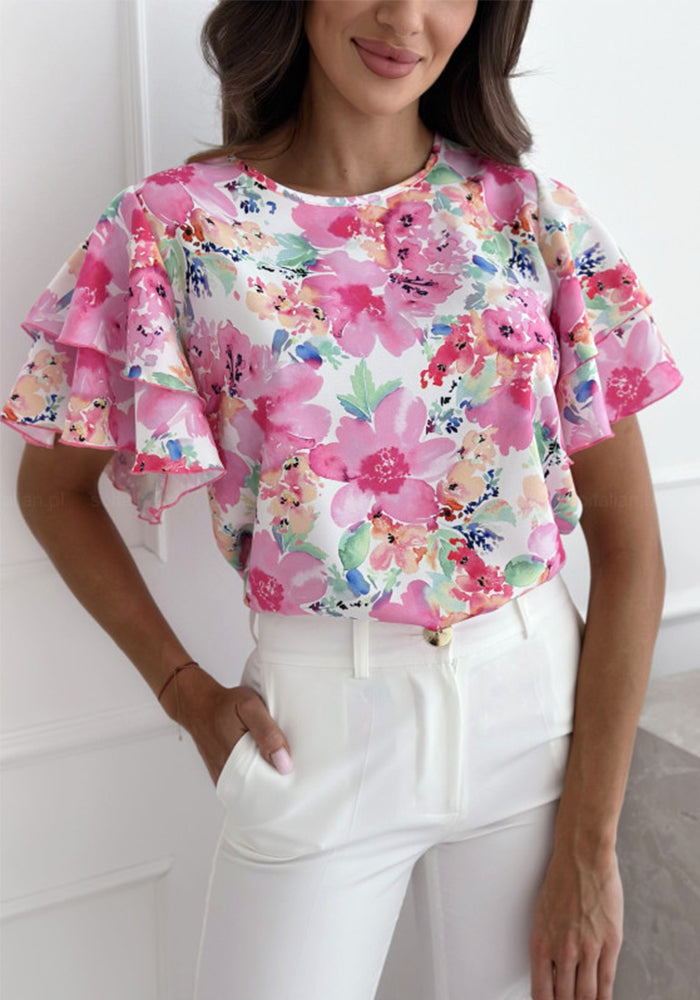 Women Summer Print Ruffle Sleeve Round Neck Short Sleeve Top