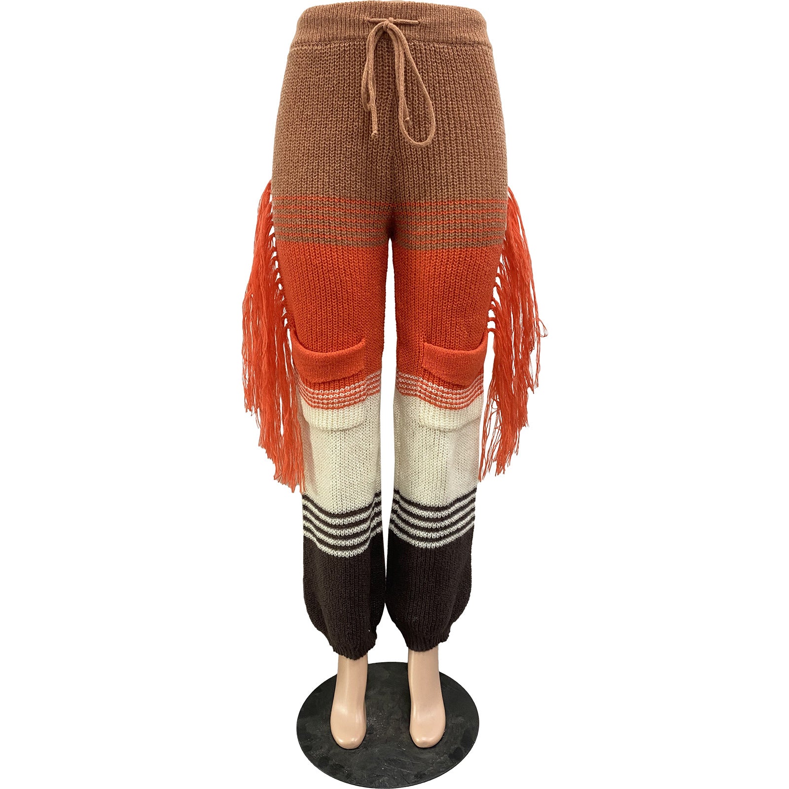 Women's Casual Style Knitting Colorblock Crochet Tassel Loose Straight Pants 12
