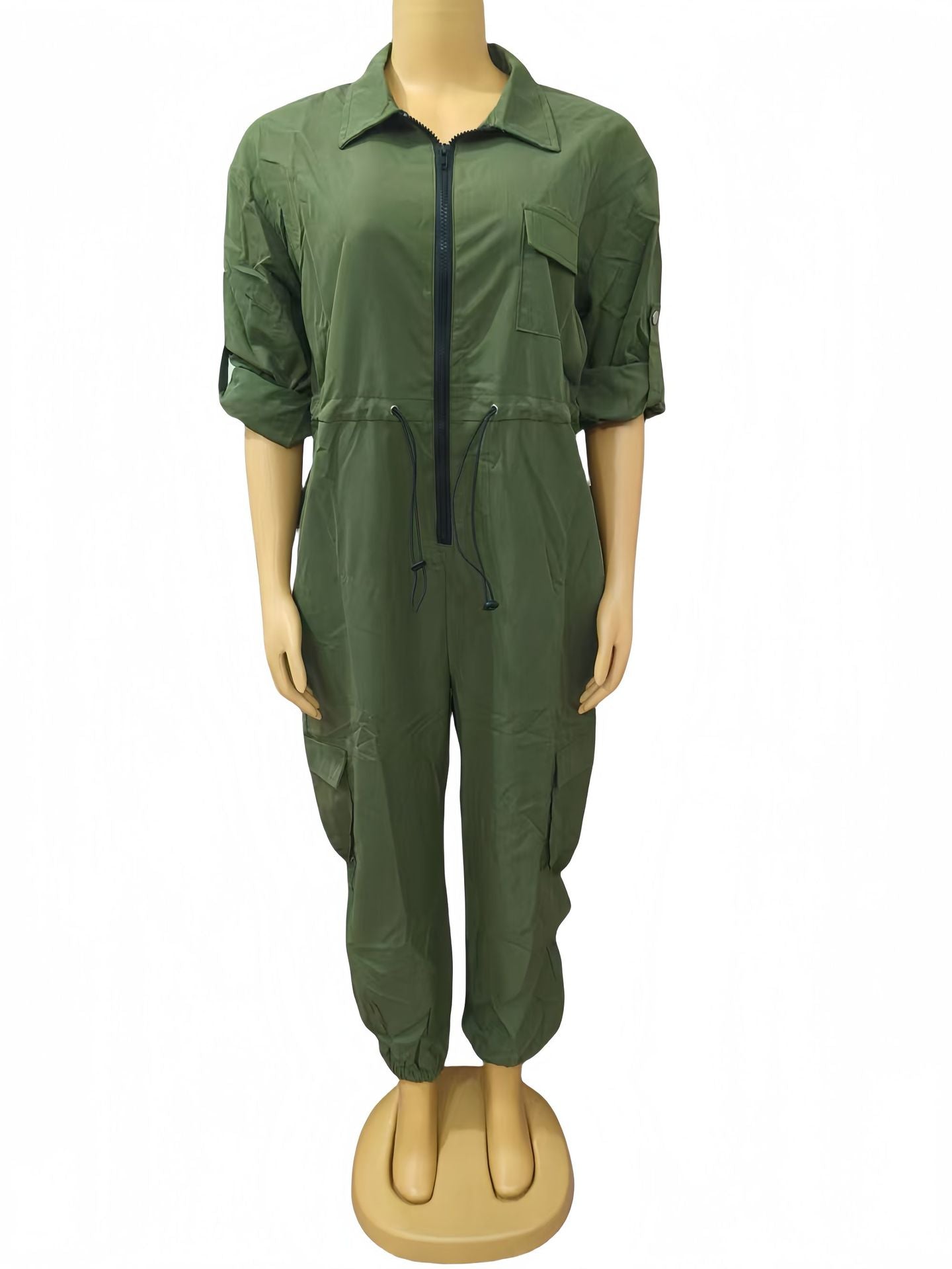 Plus Size Women Solid Turndown Collar pocket sexy Jumpsuit 4