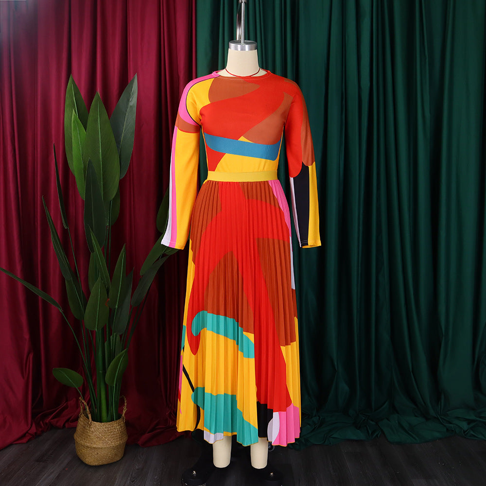 Women Autumn Pleated Print Contrast Color Long-sleeved Top and Skirt Two-Piece Set 22