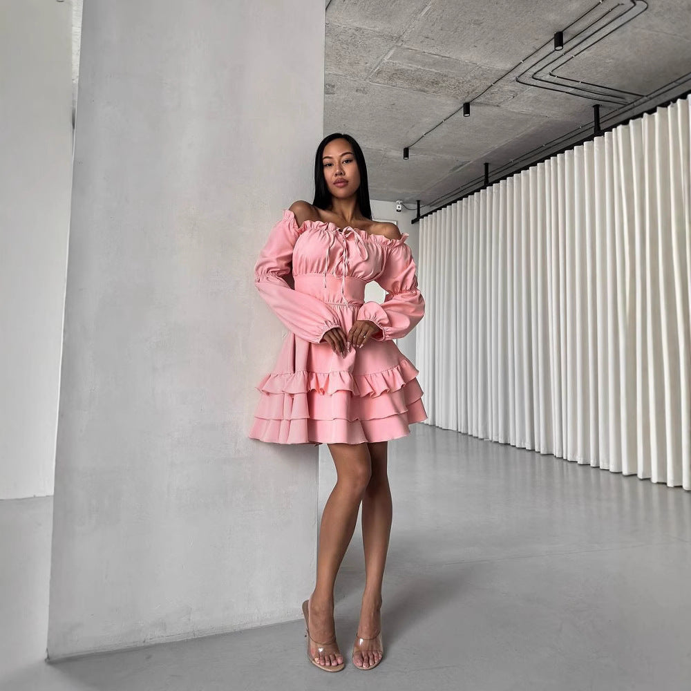 Solid Color Off Shoulder Puff Sleeve Sexy Summer Dress 7