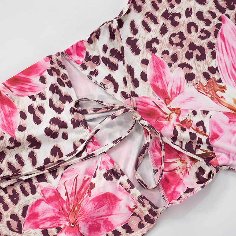 Women's Chic Flower Leopard Print V-neck Low Back Slim Long Dress 23