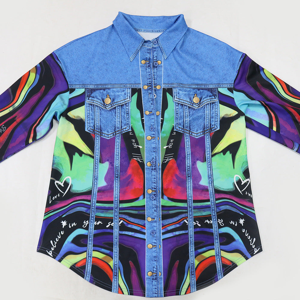 Women's Printed Turndown Collar Long Sleeve Shirt Top Sexy Slim Bodycon Short Skirt Two-Piece Set 13