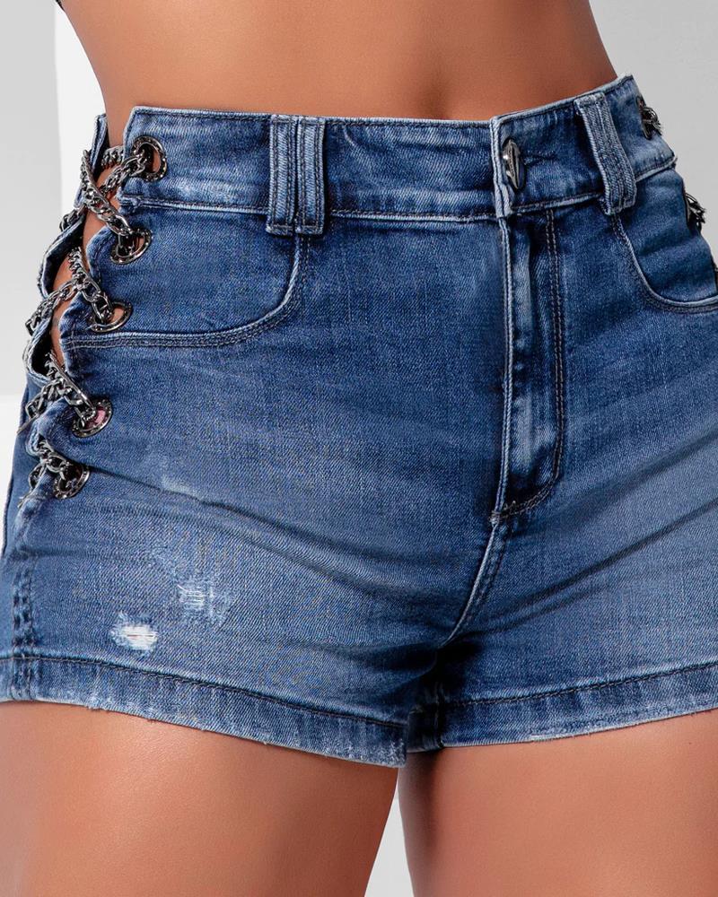Women's Side Metal Chain Lace-Up Ripped Tight Fitting Denim Shorts 8