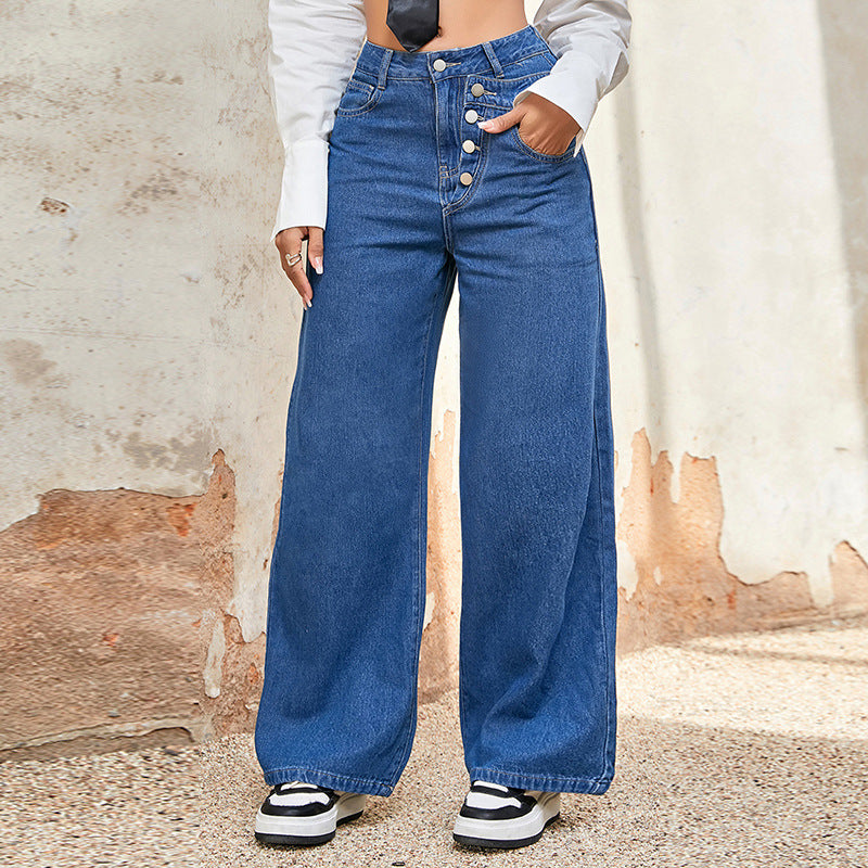 Autumn Loose Straight Leg High Waist Denim Pants Single Breasted Wide Leg Trousers 3