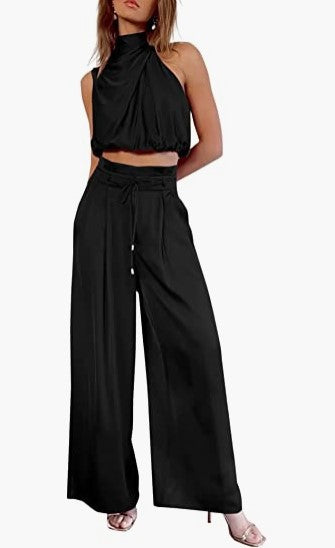 Women Summer Casual Sleeveless Crop Top Wide-leg Pants Two Piece Set