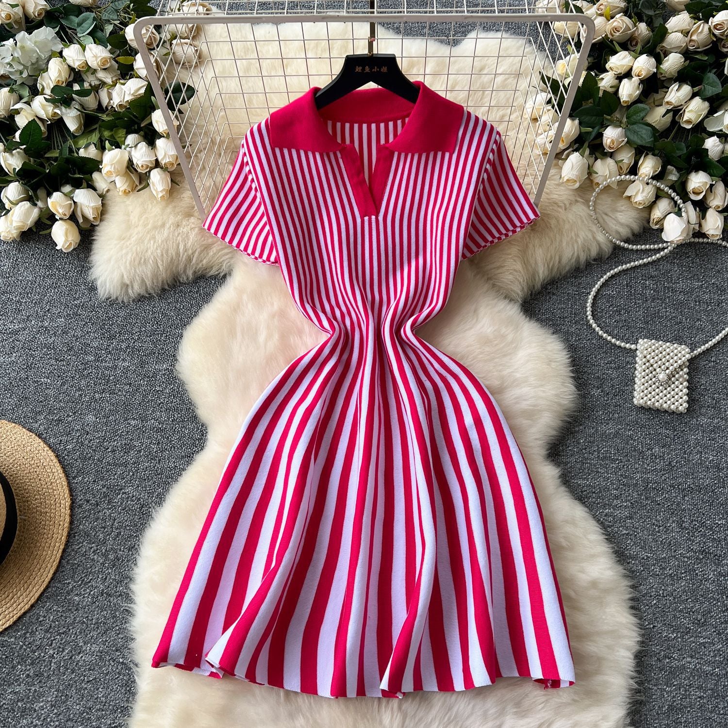 Contrast Turndown Collar Short-Sleeved Striped Women's Slim Waist Knitting Dress
