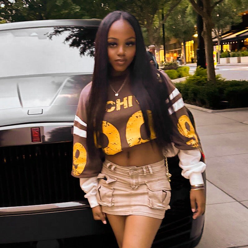 Loose fashion high street Casual Letter Print sports loose short sleeve crop Top 5