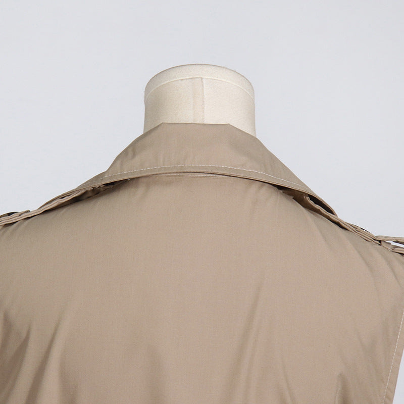 Spring Summer Fashionable Chic Khaki V-Neck Pleated Patchwork Sleeveless Lace-Up Women's Shirt 20