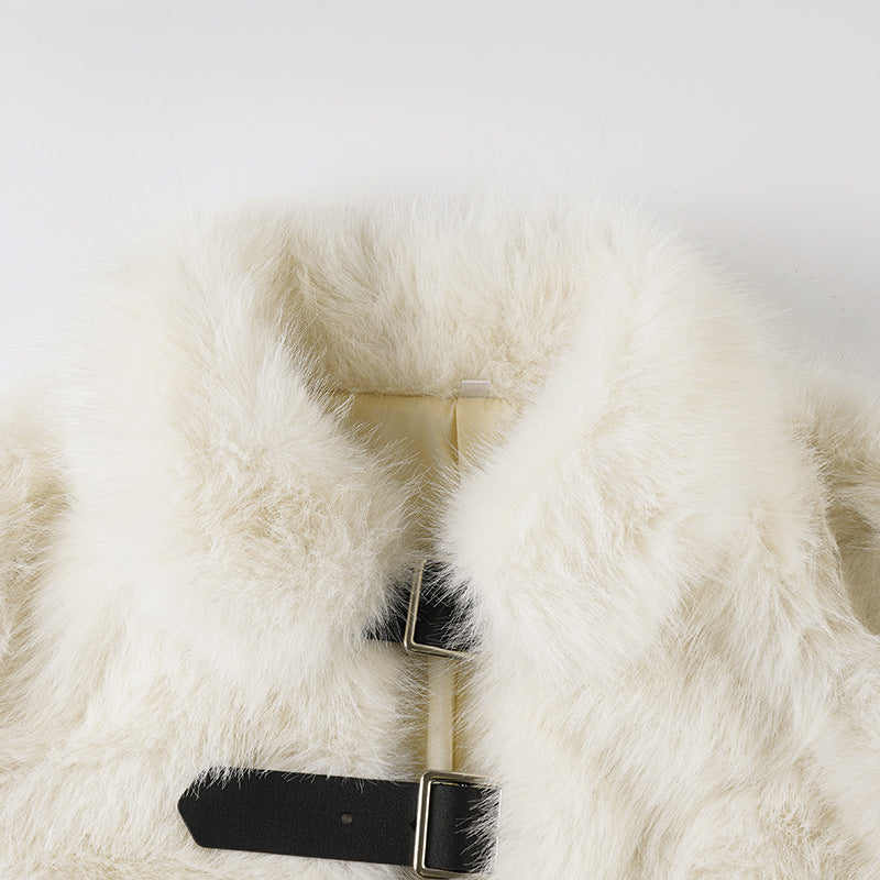 Women fall/winter faux furry metal Pu-Leather buttoned turndown collar top 12