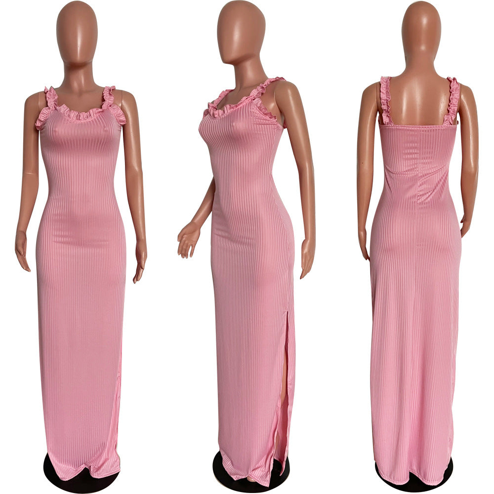Summer Women's Solid Color Ribbed Ruffle Strap Side Slit Long Dress 10