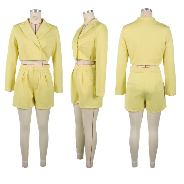 Women elegant Career Turndown Collar Long Sleeve Blazer and Shorts Two-piece Set 10