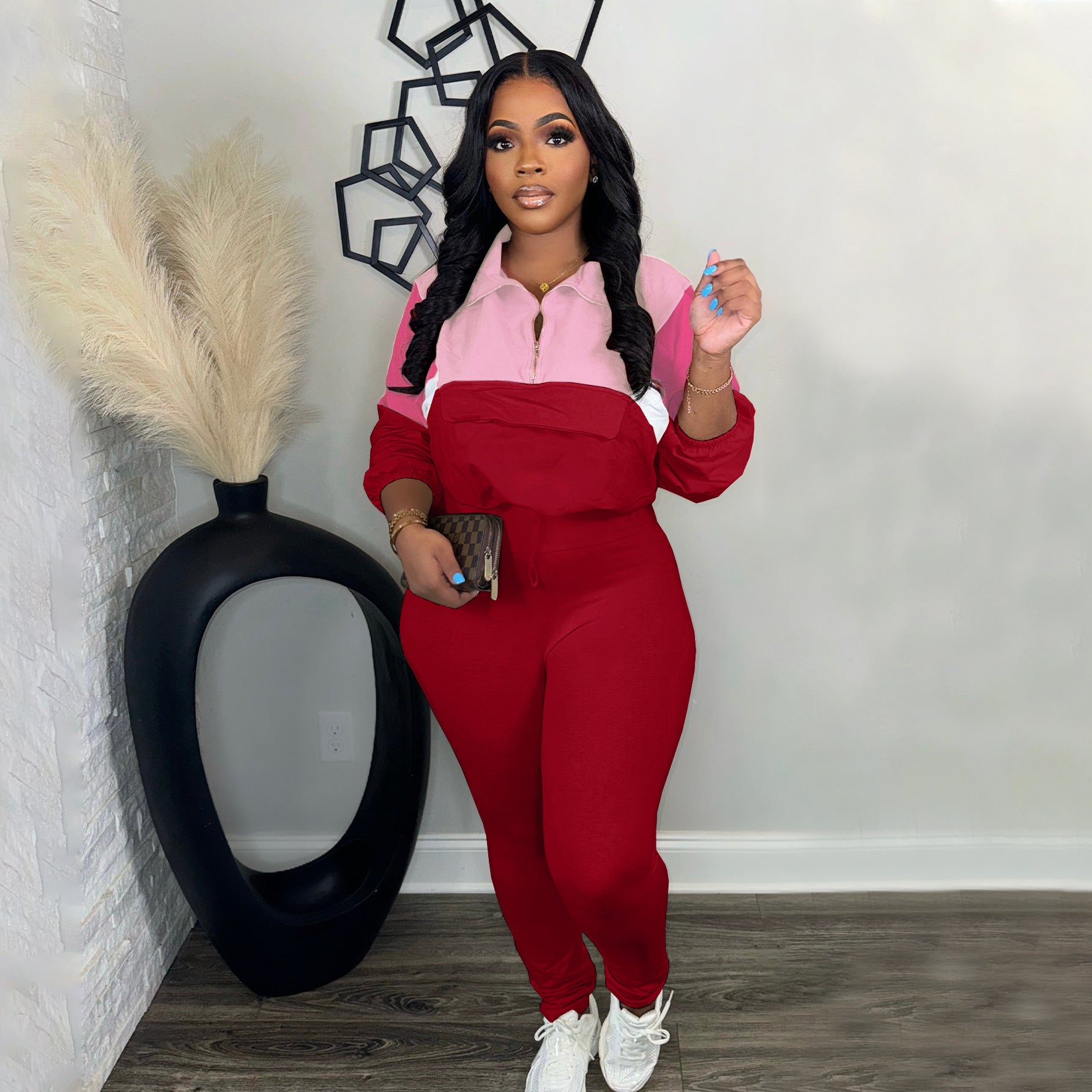 Autumn Contrast Color Zipper Patchwork Top Tight Fitting Pants Sports Two-Piece Set 4