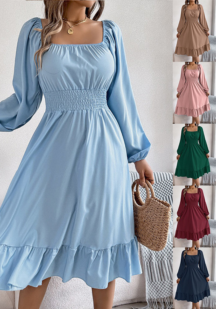 Women Spring and Summer Casual Solid Square Neck Long Sleeve Ruffle Dress