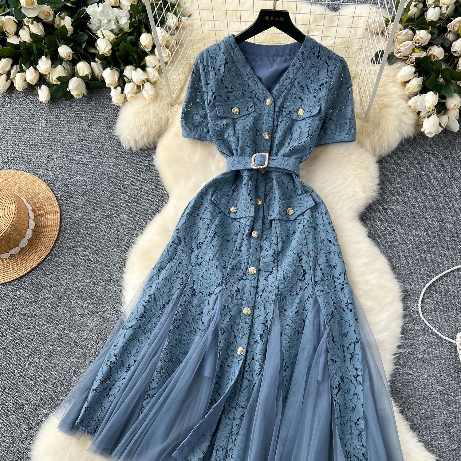 Women French V-Neck Metal Buttoned Mesh Patchwork Lace Ruffle Dress 21