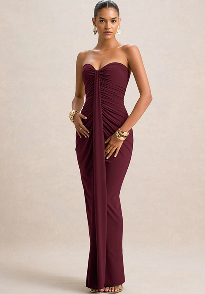 Women Fall Strapless Solid Pleated Ribbon Dress