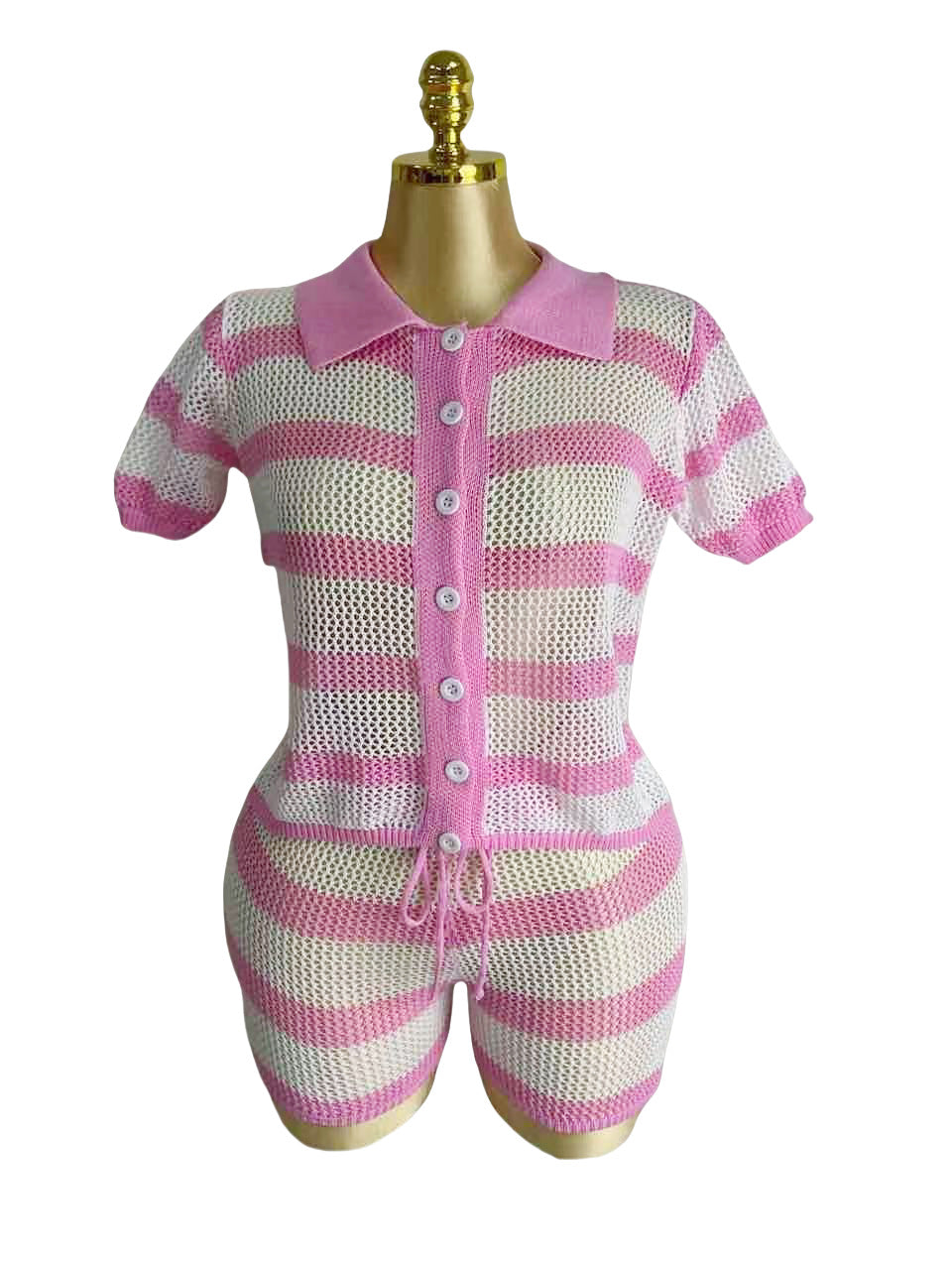 Knit Turn-Down Collar Stripe Loose-Fit Top & High-Waist Shorts Set 7