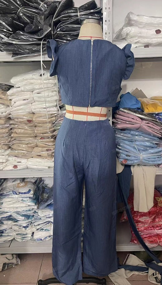 Women Summer Round Neck Ruffled Loose Jumpsuit 20