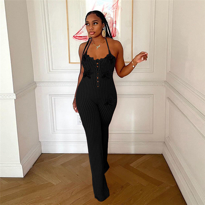 Spring Sexy Halter Neck Low Back Slim Flared Jumpsuit 6