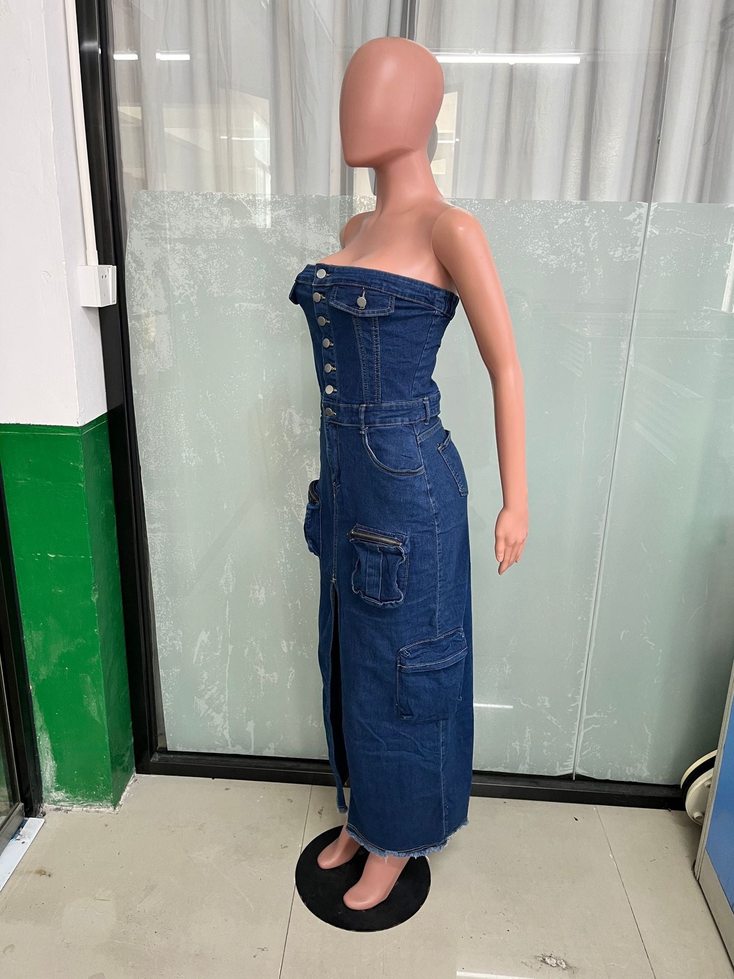 Women Sexy Strapless Off Shoulder Slit Cargo Denim Dress 8