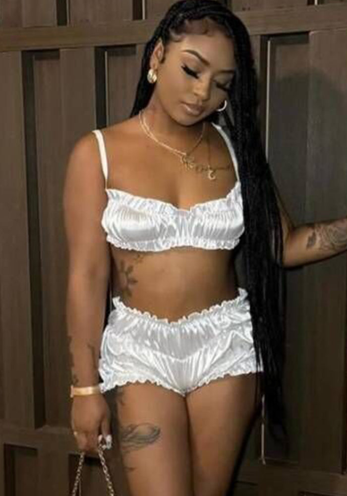 Women sexy suspenders Strapless Top and Ruffle Edge Shorts Two Piece Set