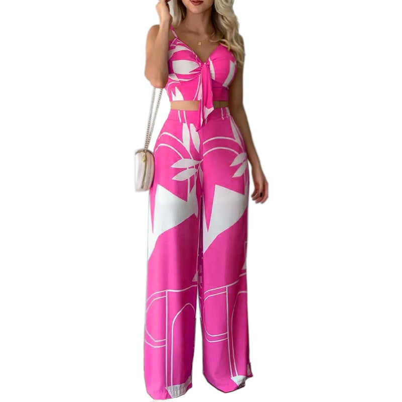Women Summer Sexy Tube Top And Tie Loose Wide Leg Pants Print Two Piece Set 3