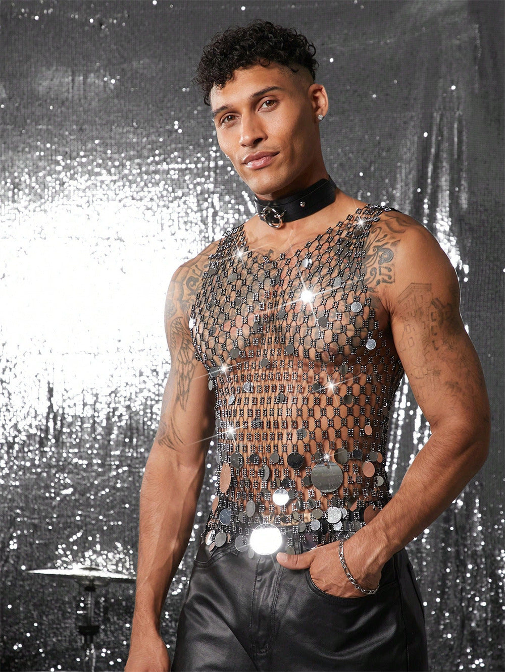 Men's Sexy Fishnet Sequin Charm Beach Tank Top 4