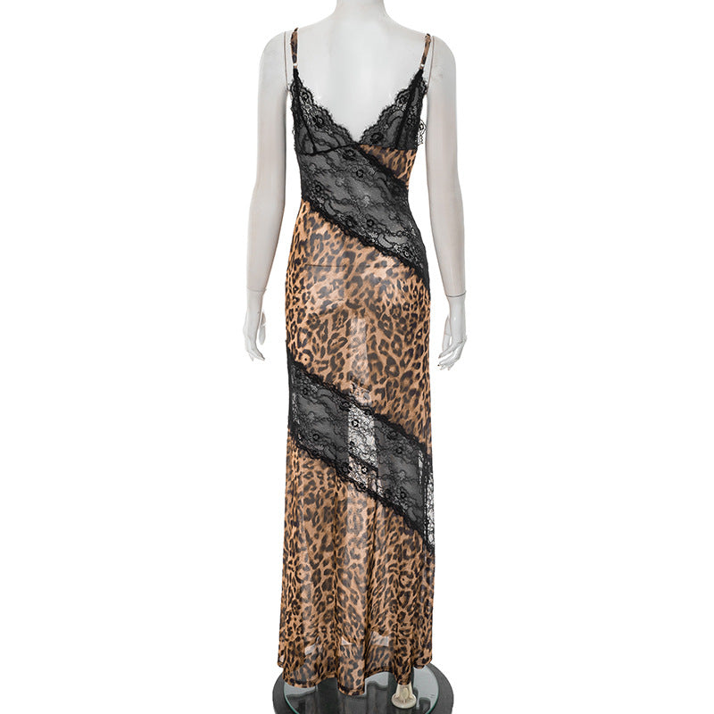 Women Leopard Print Patchwork LaceV Neck Strap Fishtail Maxi Dress 9