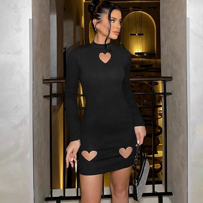 Women's Spring Fashion Sexy Heart Print Hollow Long Sleeve Dress