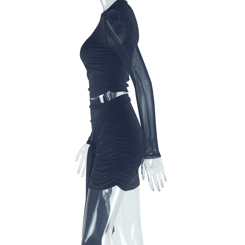 Women's Solid Color Round Neck Mesh Patchwork Crop Top Ribbon Skirt Two Piece Set 7