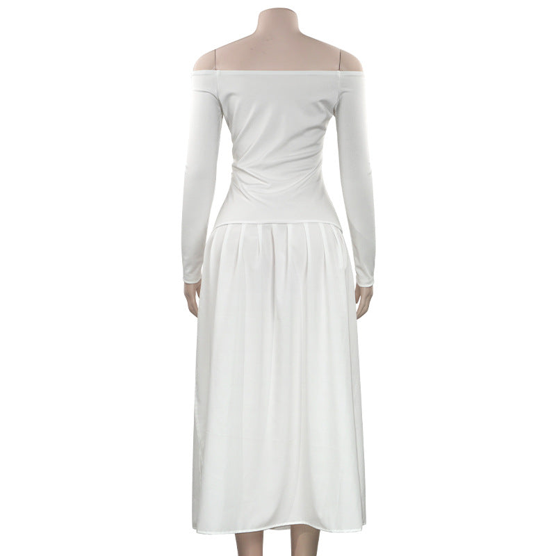 Spring Solid Color Off Shoulder Long Sleeve Slim Patchwork Long Dress 6