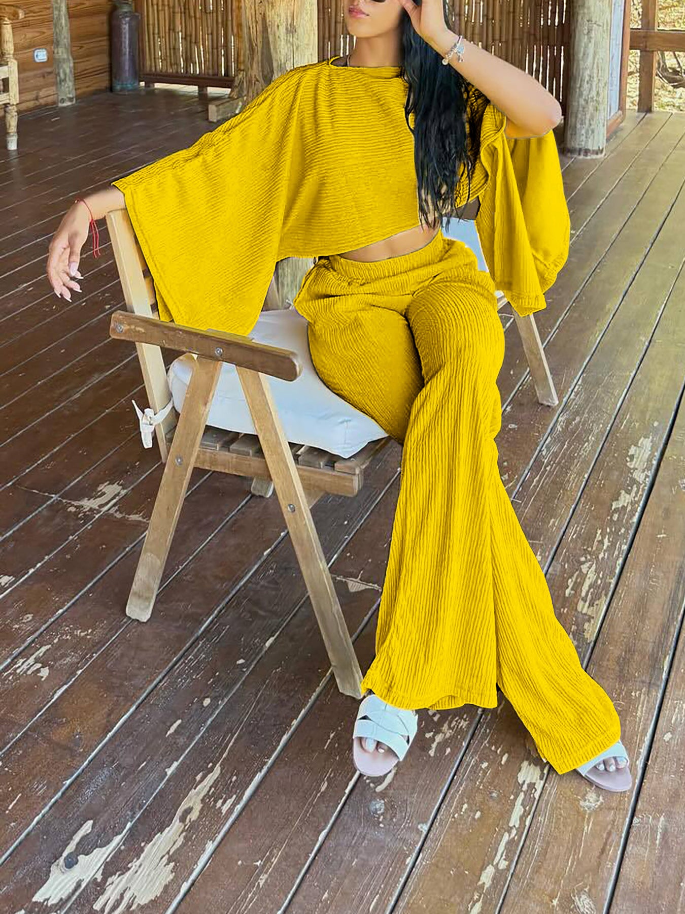 Women's Fashion Sexy Beach Holidays Solid Slash Shoulder Irregular Top with Elastic Waist Pockets Long Pants Set 9