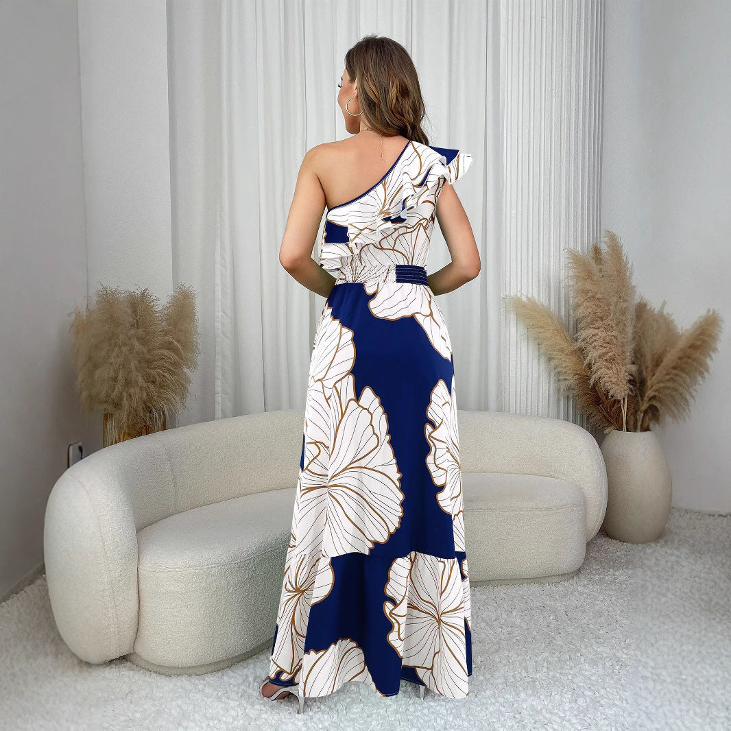 Ruffle Slash Shoulder Low Back High Slim Waist Women's Long Dress 3