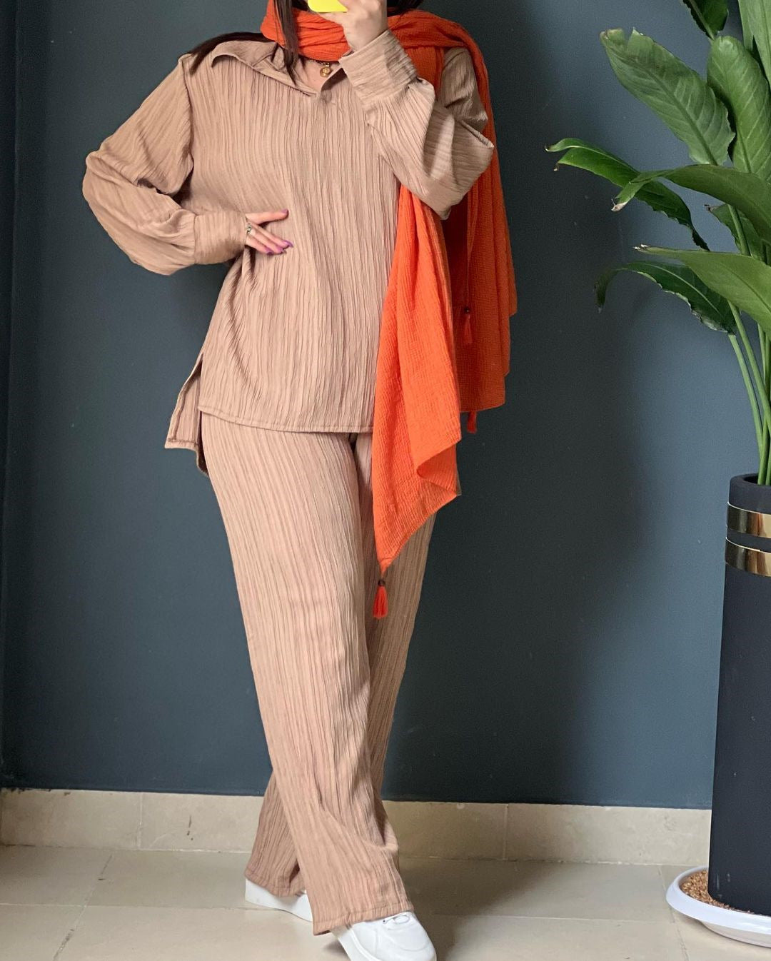 Women Autumn Casual Long Sleeve Turndown Collar Irregular Shirt and Pants Two-piece Set 5