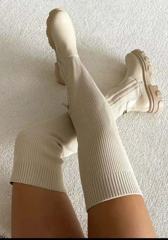 Women's cotton boots autumn and winter long Martin boots leather knitting Patchwork over the knee boots