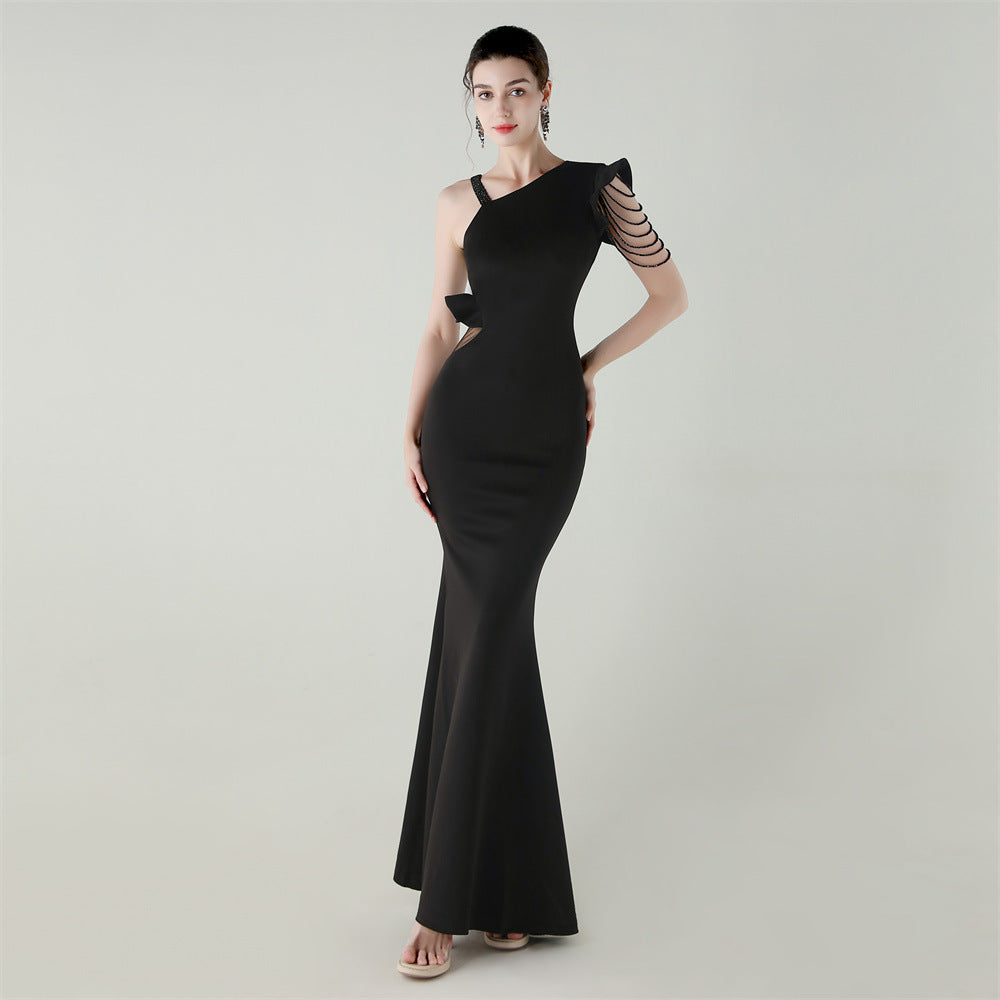 Women satin one-shoulder beaded Formal Party hollow ruffle fishtail evening dress 10